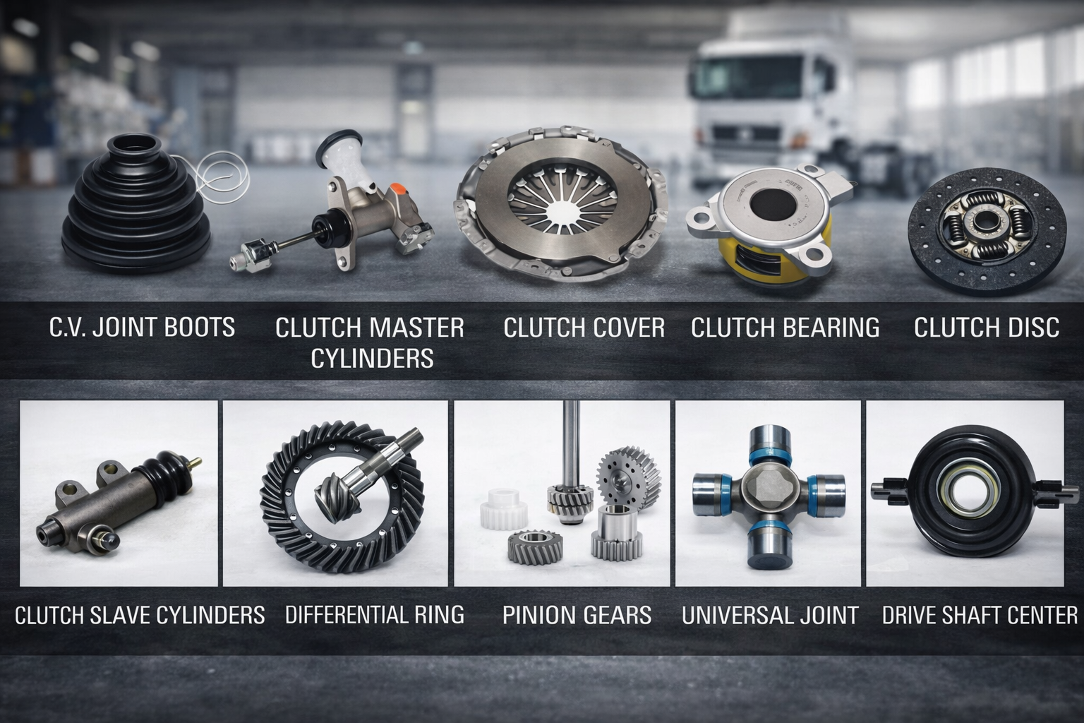 Main truck parts lineup including suspension, brake, steering, and drivetrain components