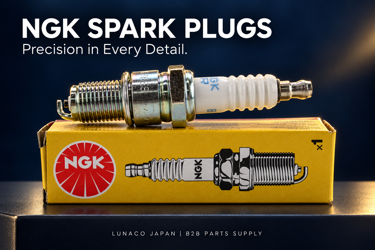 NGK spark plug resting on its yellow carton