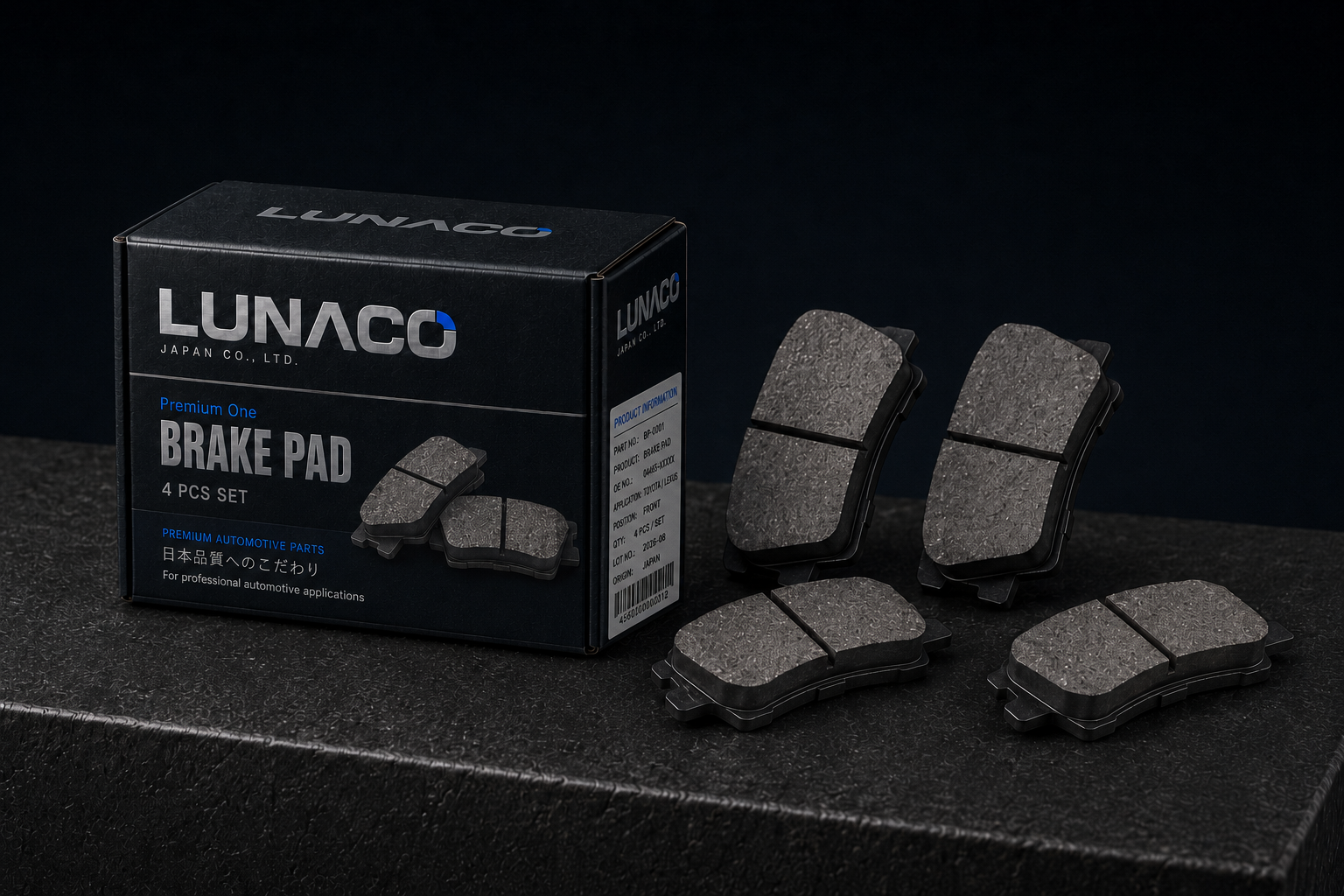 LUNACO JAPAN OE-standard aftermarket brake pads and individual packaging